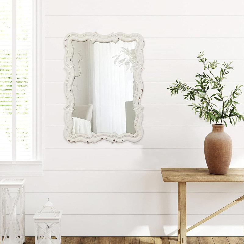 One Allium Way Vintage Small Scalloped Wall Mirrors Decorative 16 X 12 Inch Hanging Distressed White Sculpted Wood Bathroom Vanity Mirror Rustic Entryway Mirror Farmhouse Wall Mounted Mirrors Wayfair